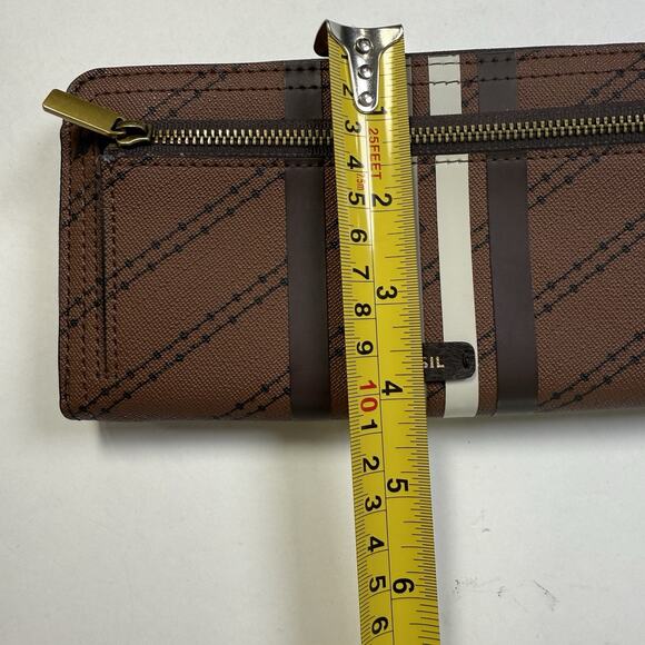 Fossil Logan RFID Stripe Zip Around Wallet Full Size Brown Black Logo Neutral - Picture 13 of 13